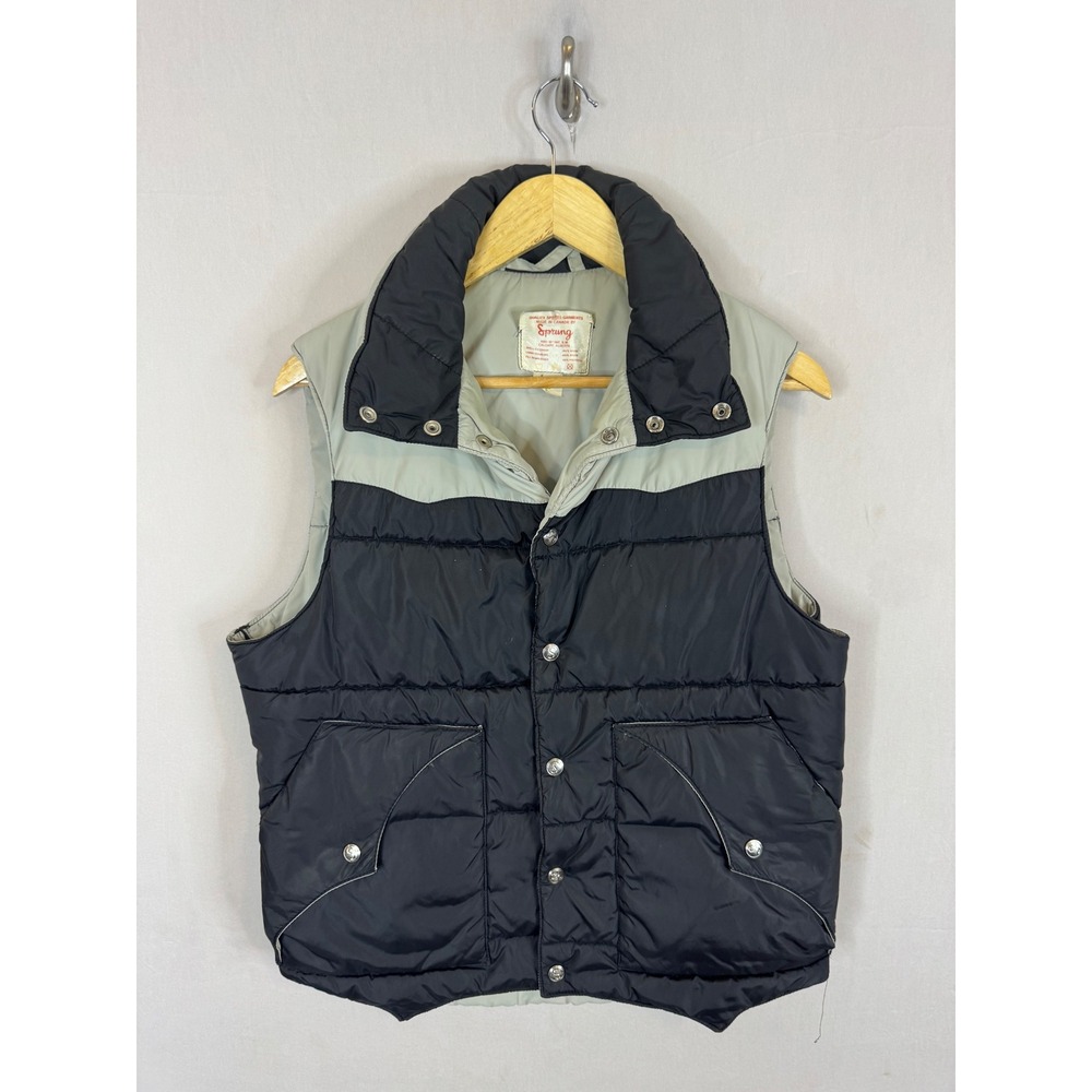 Vintage Sprung Canada Puffer Vest Mens Medium Black Gray Western Yoke Snap Front